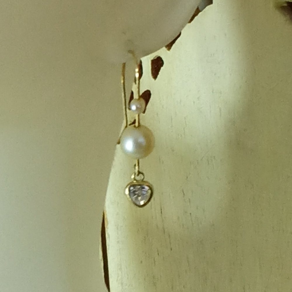 Pearl, Heart shaped CZ & Gold Earrings